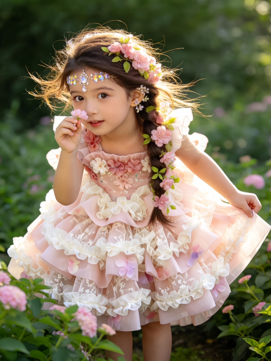 Girls Flower-Fairy Lolita Dress - Pink Puffy Birthday Gown with Train Option