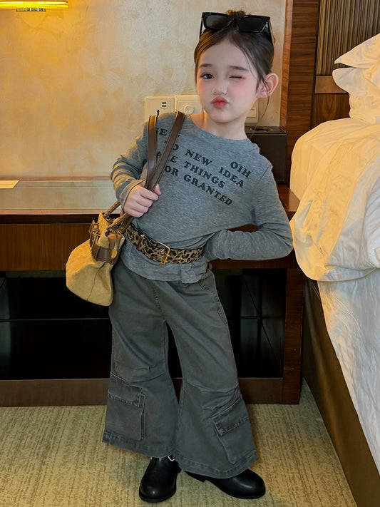 Girls Long-Sleeve Tee & Cargo Flare Pants Set - Korean Autumn Two-Piece
