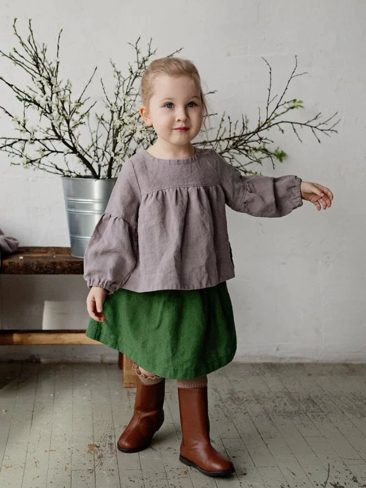 Girls Nordic Linen Shirt & Skirt Set - Long-Sleeve Autumn