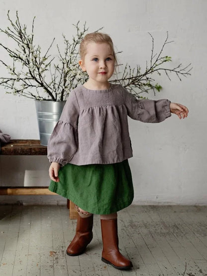 Girls Nordic Linen Shirt & Skirt Set - Long-Sleeve Autumn