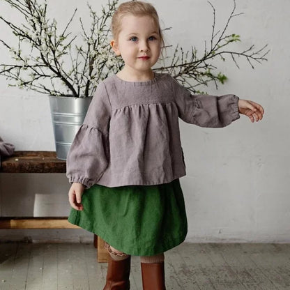 Girls Nordic Linen Shirt & Skirt Set - Long-Sleeve Autumn