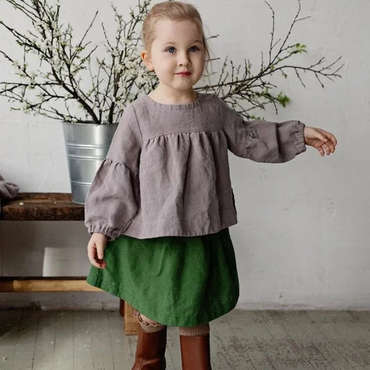 Girls Nordic Linen Shirt & Skirt Set - Long-Sleeve Autumn