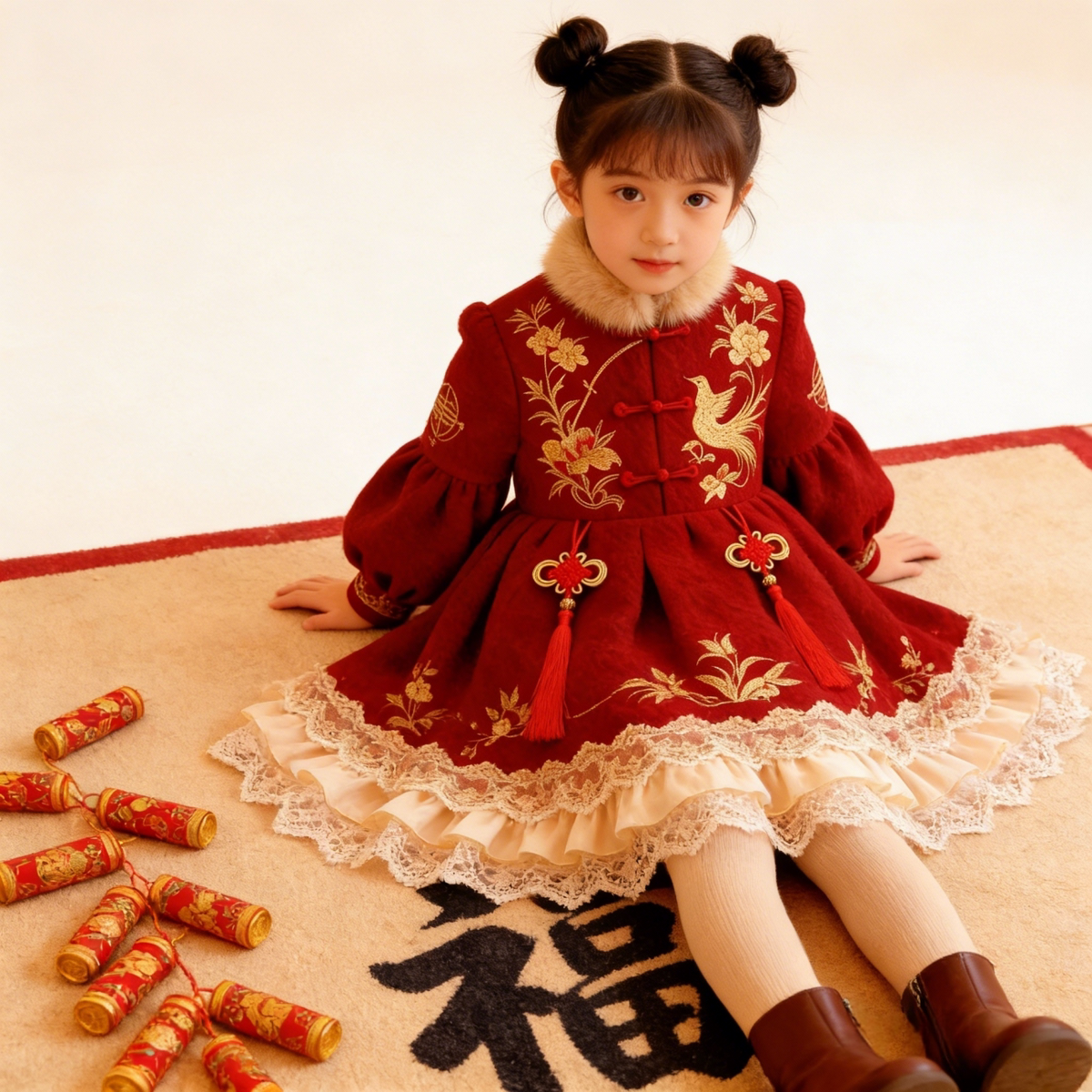 Girls Peace-Knot Fleece-Lined New-Year Dress - Embroidered Tang-Style Princess Gown