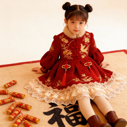 Girls Peace-Knot Fleece-Lined New-Year Dress - Embroidered Tang-Style Princess Gown