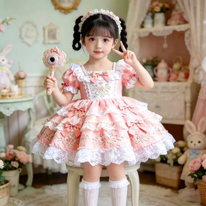 Girls Lace-Embroidered Lolita Dress - Premium Puffy Birthday Princess Gown