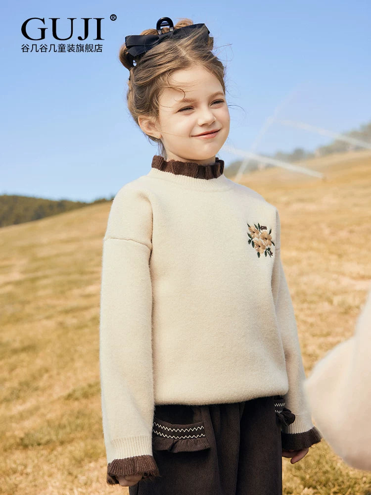 Girls Fleece-Lined Sweater - Cosy Ruffle-Trim Knit Pullover