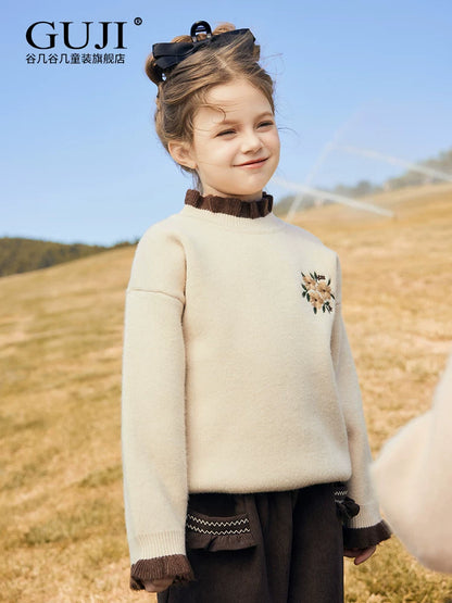Girls Fleece-Lined Sweater - Cosy Ruffle-Trim Knit Pullover