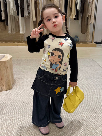Girls Colour-Block Print Top & Skirt-Panel Jeans Set - Autumn