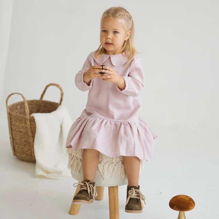 Girls Nordic Linen Dress - Everyday Pink Long-Sleeve
