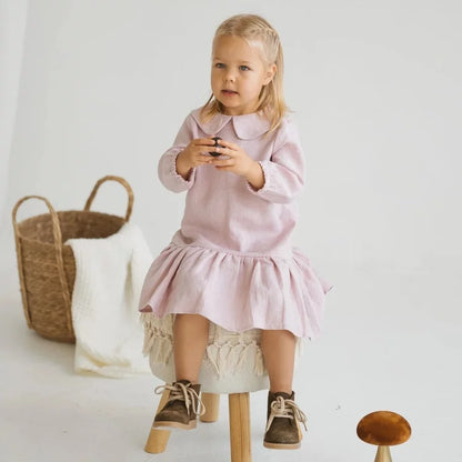 Girls Nordic Linen Dress - Everyday Pink Long-Sleeve