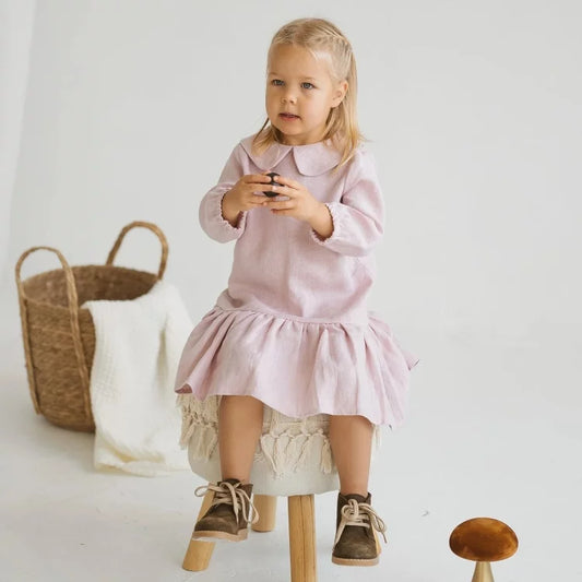 Girls Nordic Linen Dress - Everyday Pink Long-Sleeve