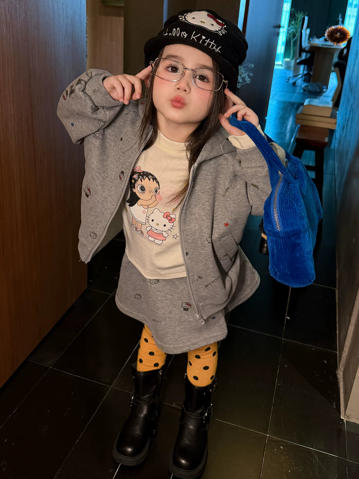 Girls Hooded Zip Cardigan & Skirt Set - Korean Cartoon Autumn
