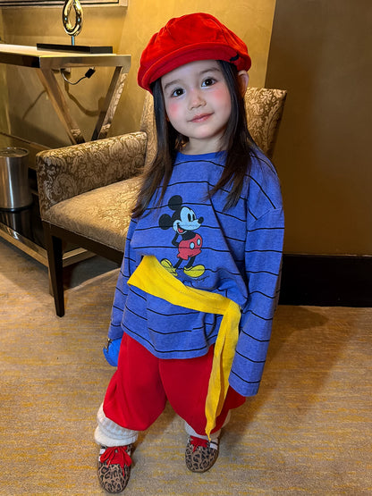 Girls Cartoon Striped Tee & Pants Set - Relaxed Korean Autumn Two-Piece