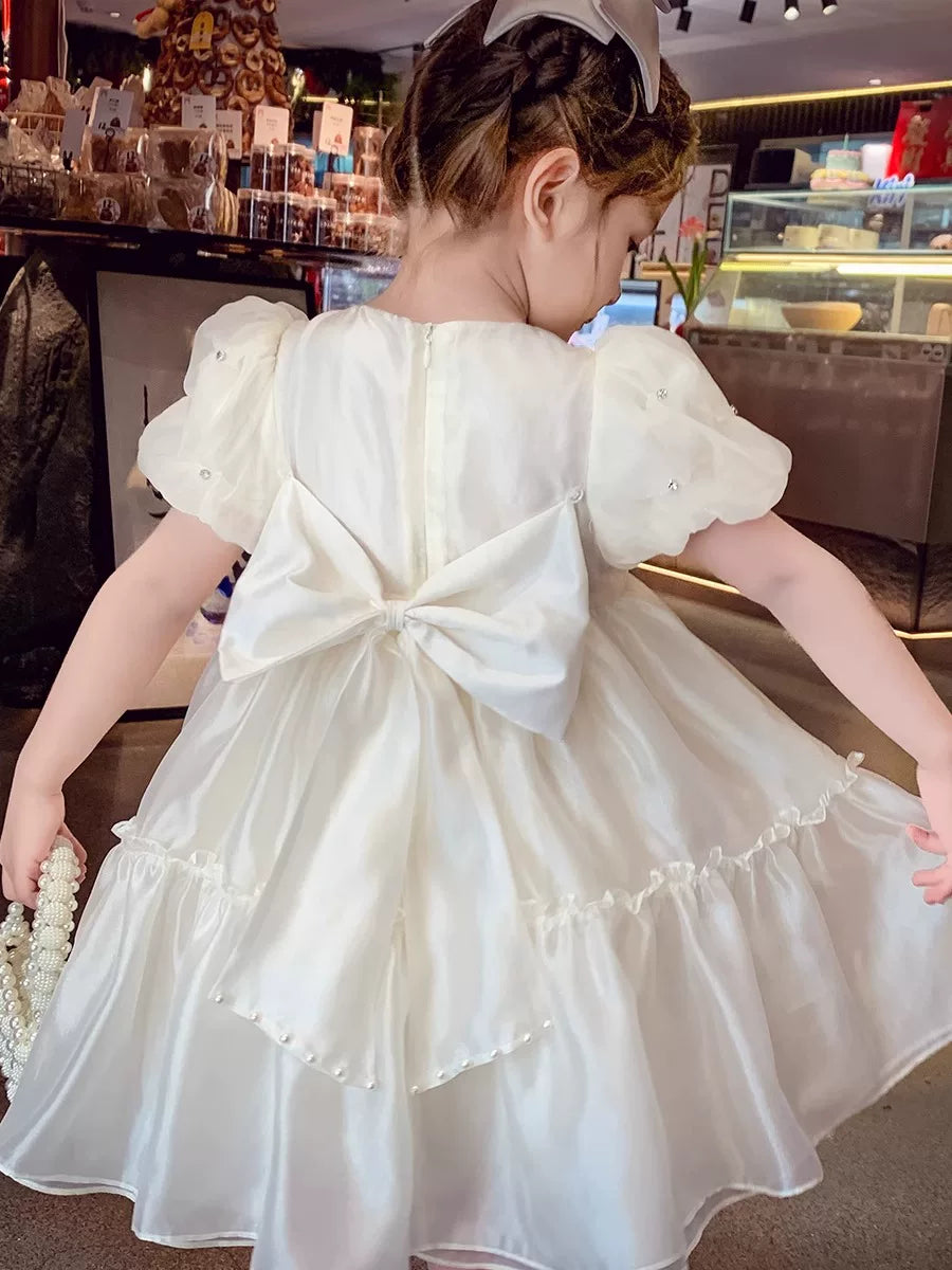Girls French-Style Puff-Sleeve Dress - Chic Princess Dress