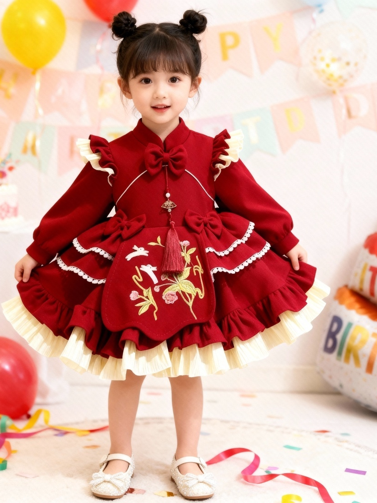 Girls Red Fleece-Lined Lolita Birthday Dress - Festive Puffy Gown