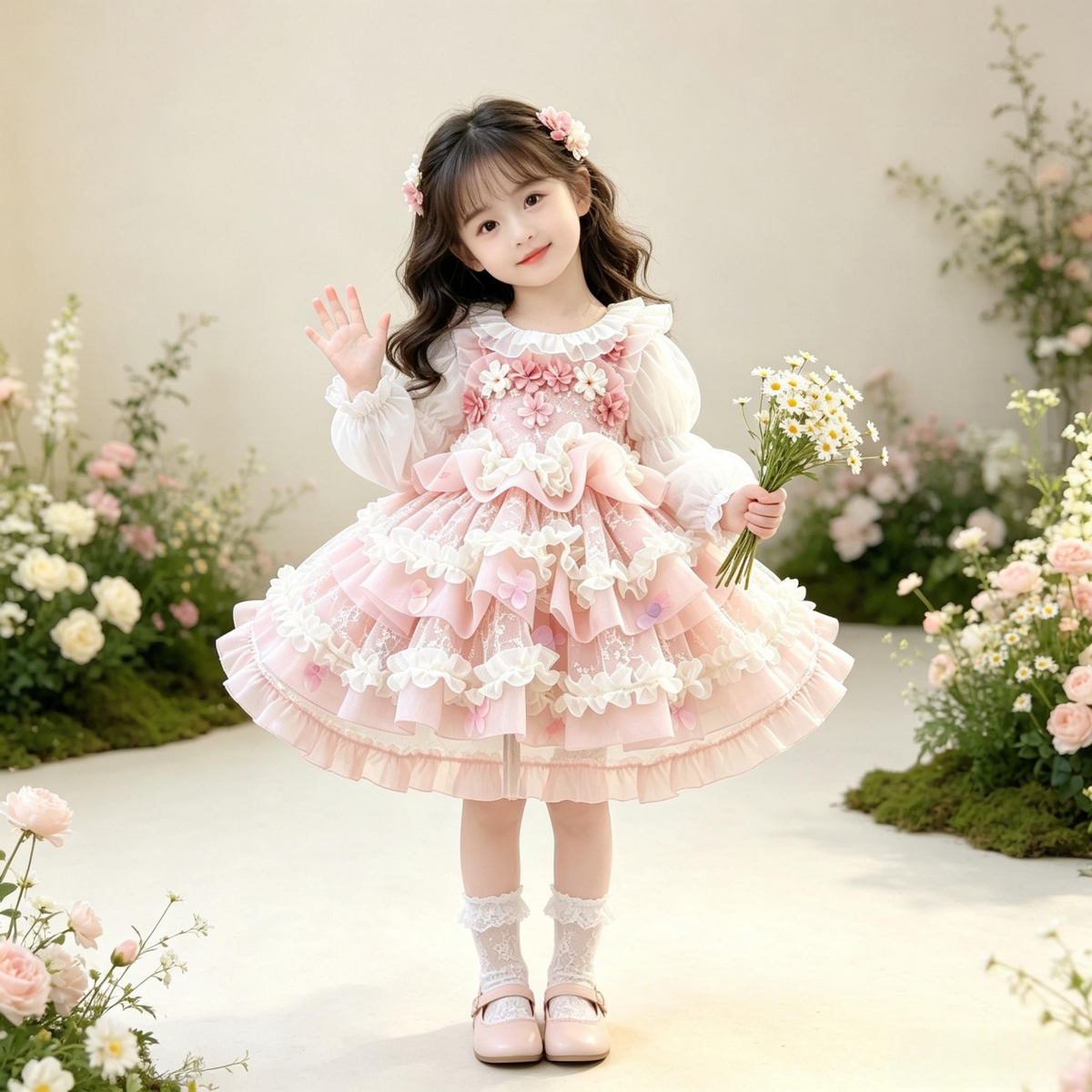 Girls Flower-Fairy Long-Sleeve Lolita Dress - Birthday Puffy Gown with Base Top & Train Options