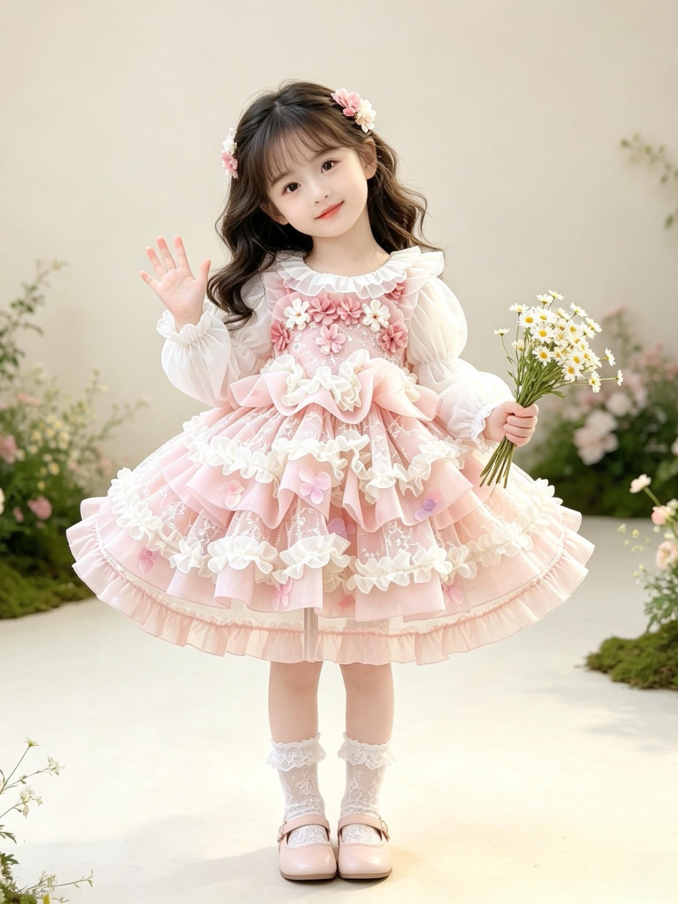 Girls Flower-Fairy Long-Sleeve Lolita Dress - Birthday Puffy Gown with Base Top & Train Options