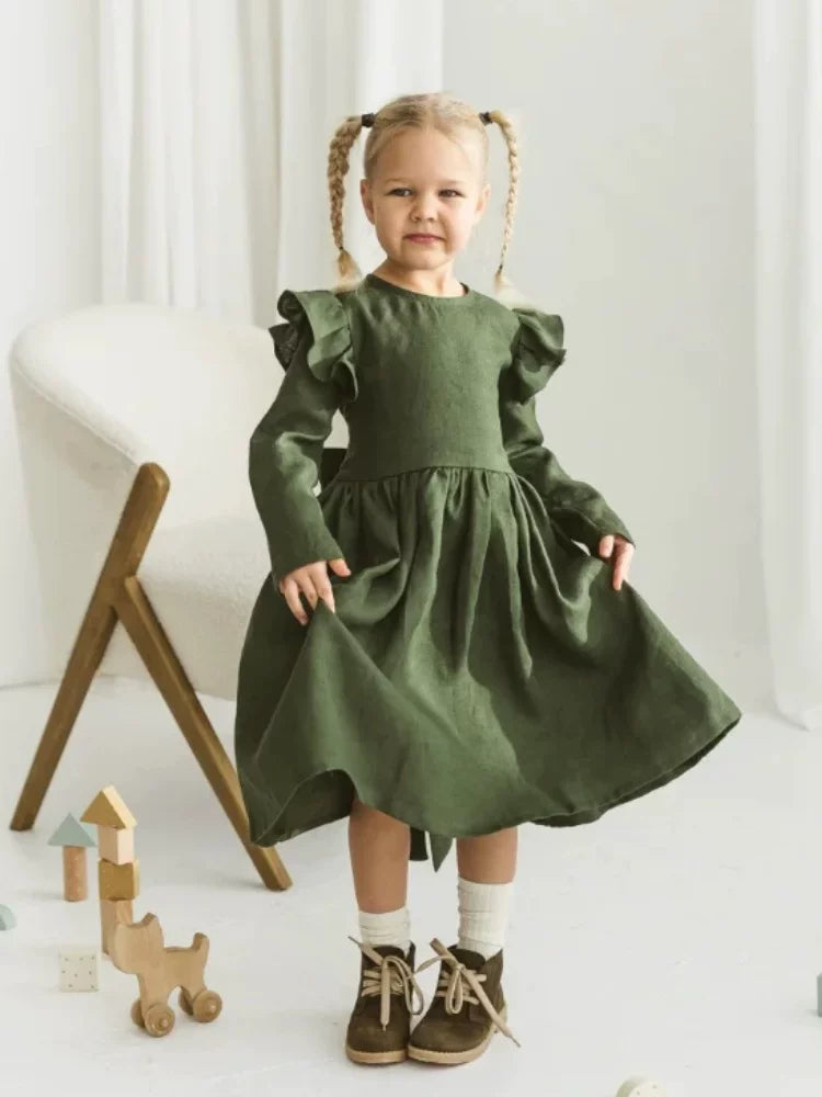 Girls Nordic Linen Dress - Forest Green Long-Sleeve
