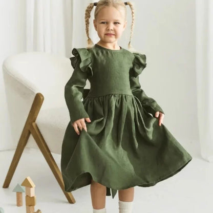 Girls Nordic Linen Dress - Forest Green Long-Sleeve
