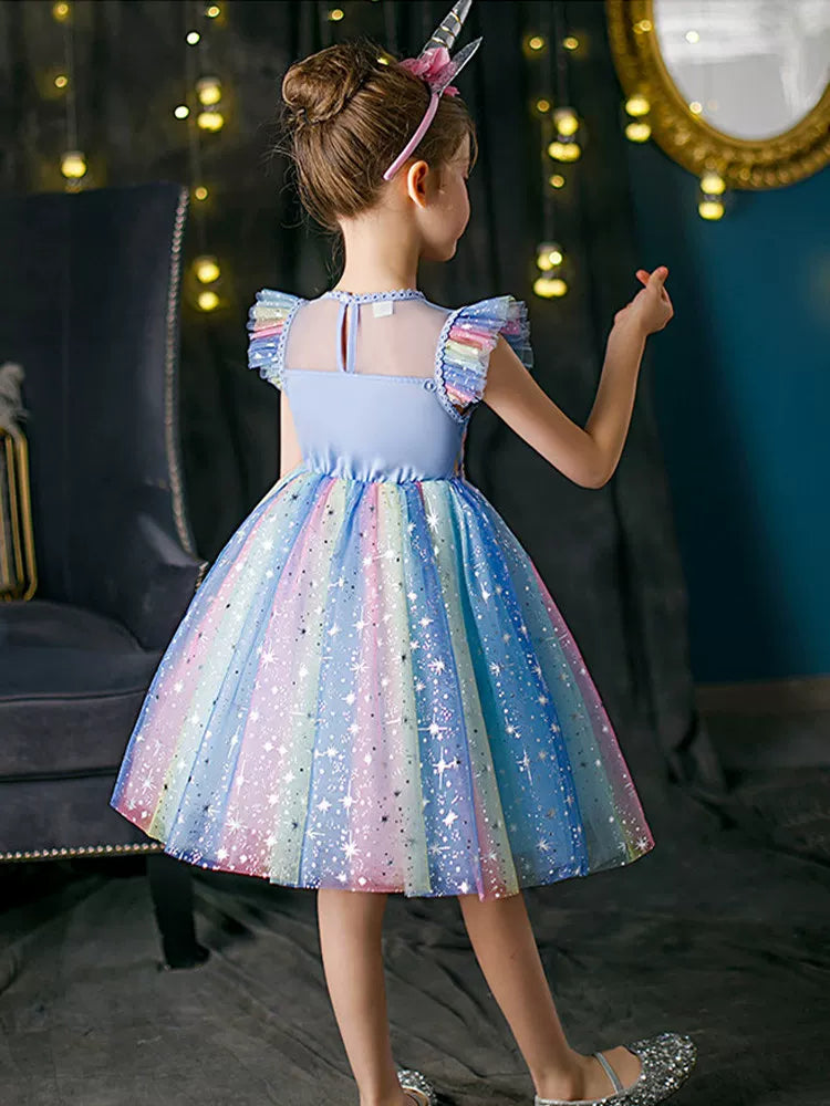 Girls Elsa Rainbow Princess Dress - Puffy Mesh Stage Gown