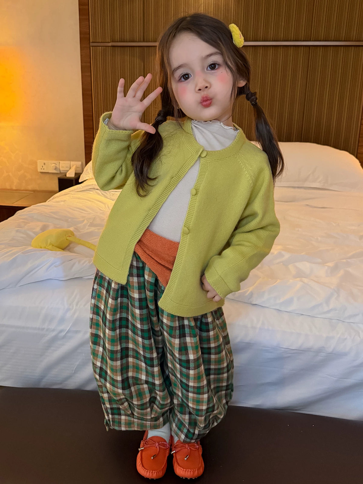 Girls Knit Cardigan, Base Top & Plaid Wide-Leg Pants Set - Retro Autumn 3-Piece