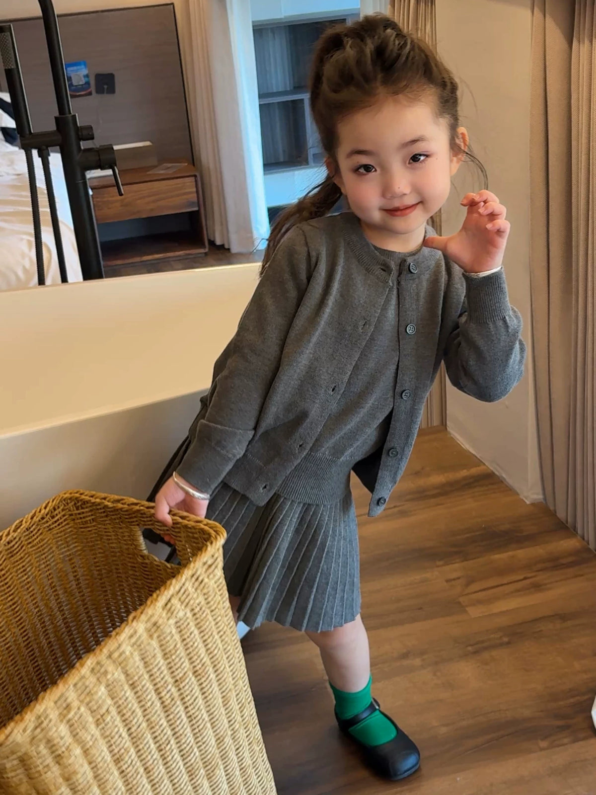 Girls Grey Knit Cardigan & Pleated Skirt Set - Preppy Three-Piece