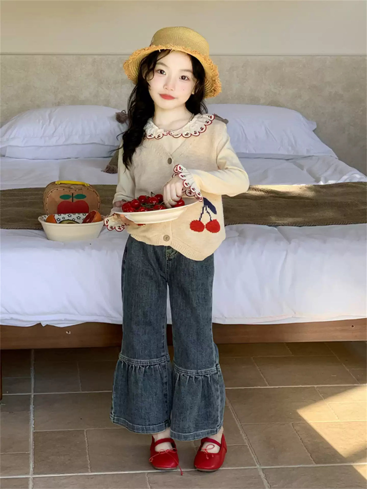 Girls Knit Vest, Tee & Jeans Three-Piece Set - Cherry Print Autumn Separates