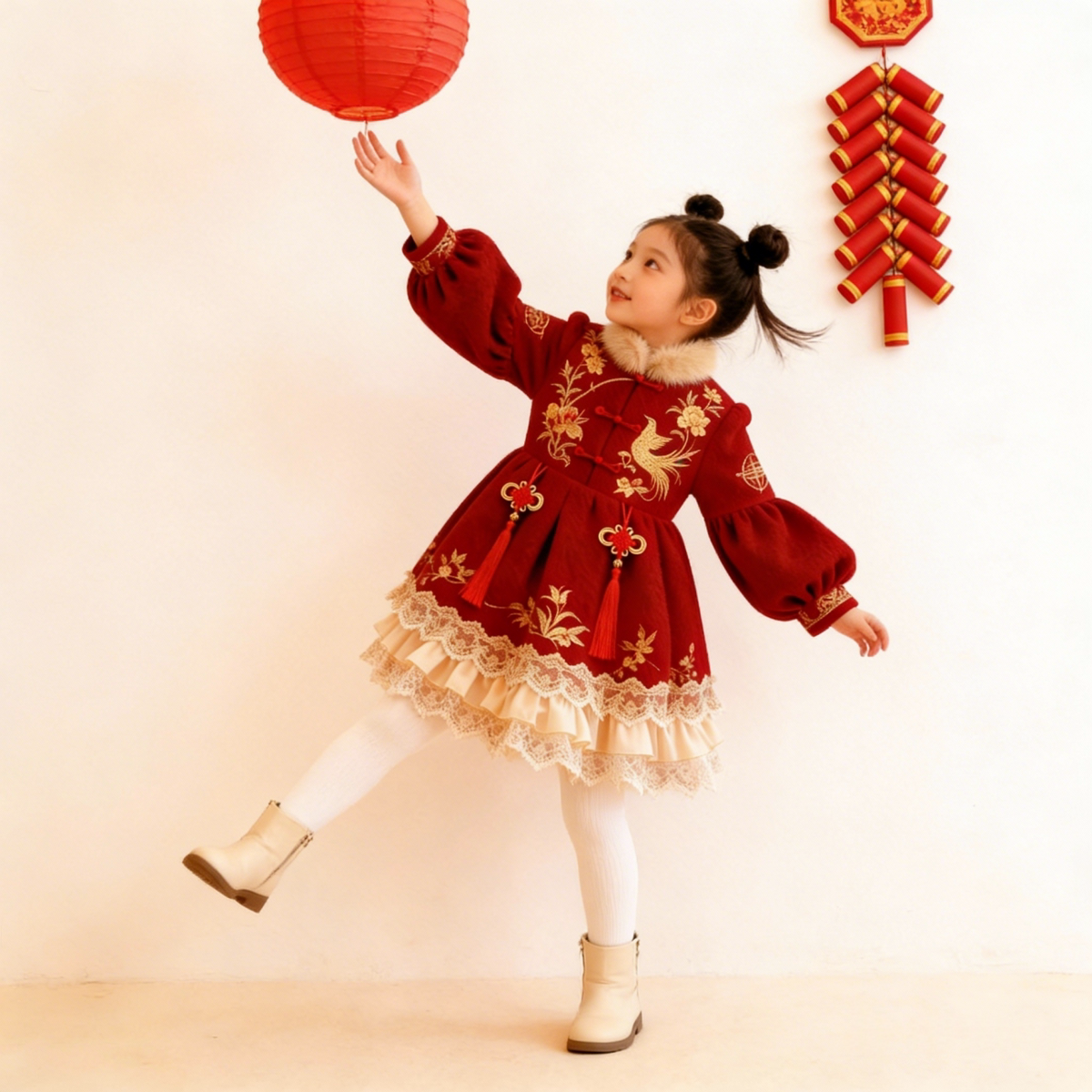 Girls Peace-Knot Fleece-Lined New-Year Dress - Embroidered Tang-Style Princess Gown
