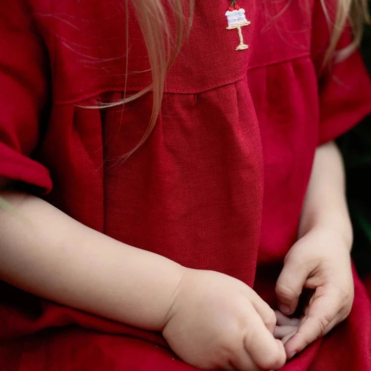Girls Nordic Pure Linen Dress - Red Long-Sleeve Autumn