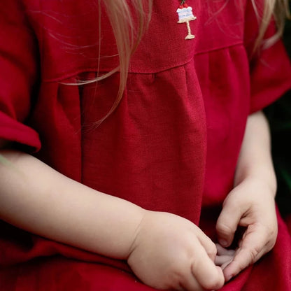 Girls Nordic Pure Linen Dress - Red Long-Sleeve Autumn