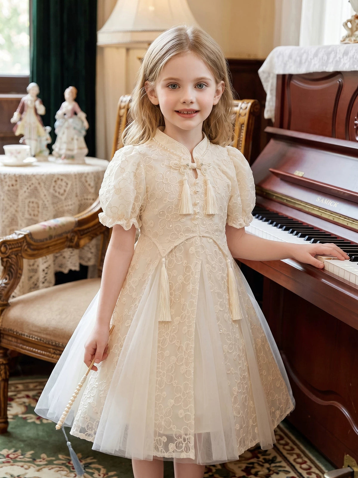 Girls Qipao-Style Dress - Chinese-Style Mesh Princess Dress