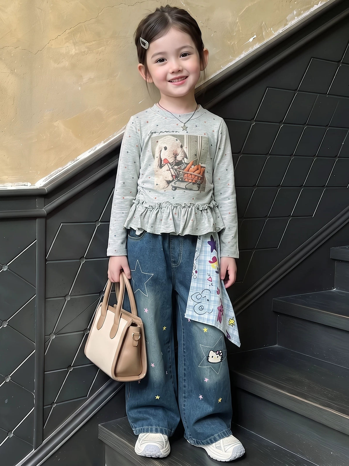 Girls Long-Sleeve Printed Tee & Bandana-Print Jeans Set - Pure Cotton Autumn Separates