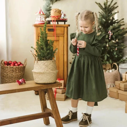 Girls Nordic Linen Dress - Forest Green Long-Sleeve