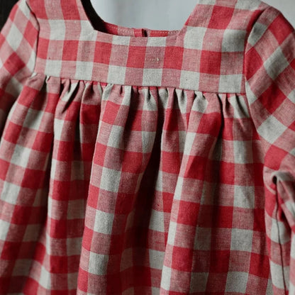 Girls Nordic Linen Pinafore Dress - Red Autumn Overall Dress