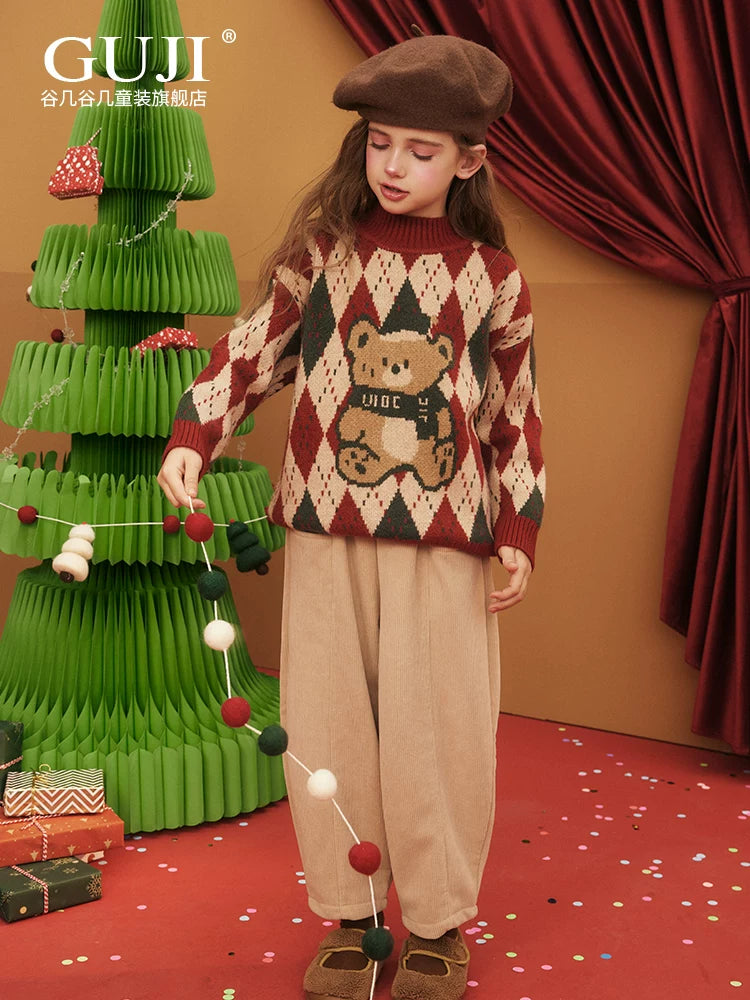 Girls Christmas Knit Cardigan - Festive Red Green Sweater Coat