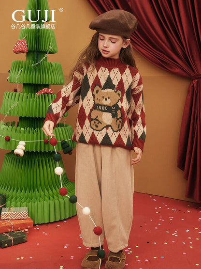 Girls Christmas Knit Cardigan - Festive Red Green Sweater Coat
