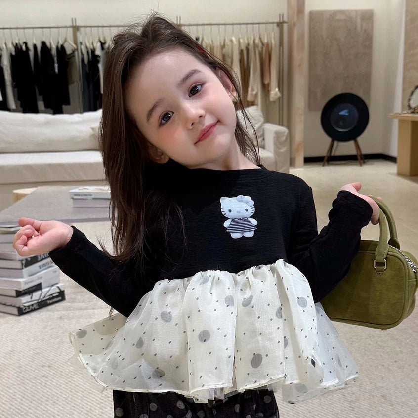 Girls Mesh-Panel Kitty Top & Polka Dot Pants Set - Sweet Autumn Two-Piece