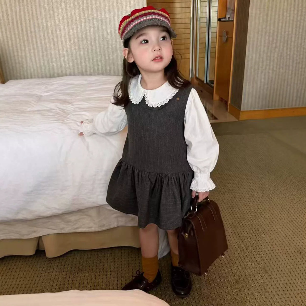Girls Pinafore Dress & Ruffle Blouse Set - Preppy Autumn