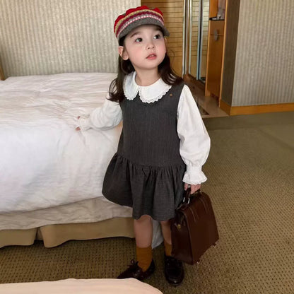 Girls Pinafore Dress & Ruffle Blouse Set - Preppy Autumn