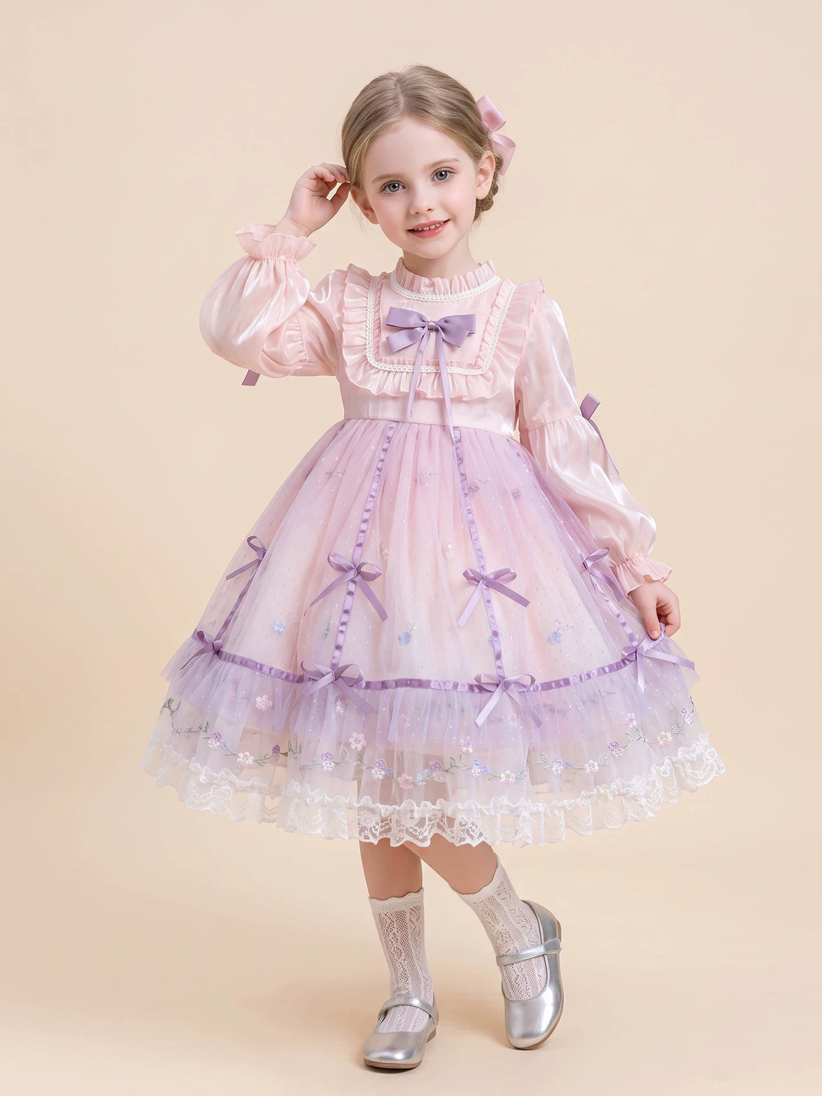 Girls Lolita Birthday Dress - Puffy Tulle Gown, Long or Short Sleeve