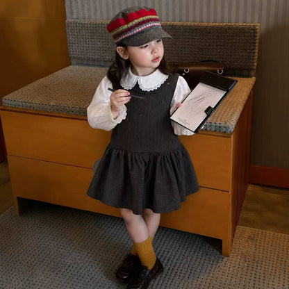 Girls Pinafore Dress & Ruffle Blouse Set - Preppy Autumn