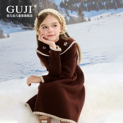 Girls Embroidered Flower Knit Dress - Warm Winter Sweater Dress