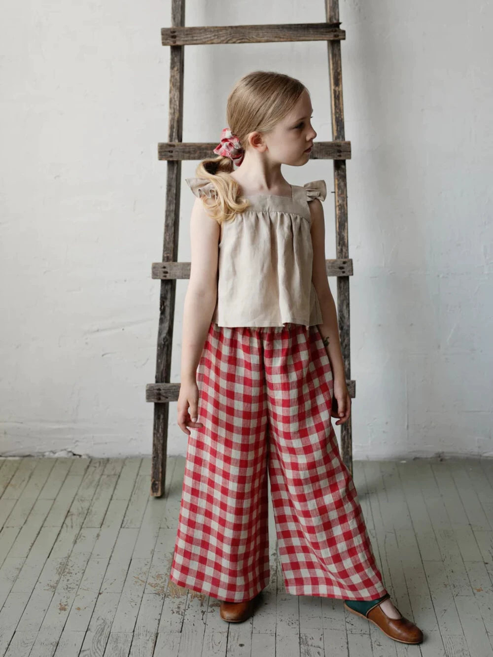 Red Plaid Pure Linen Wide-Leg Pants - Relaxed Spring Summer