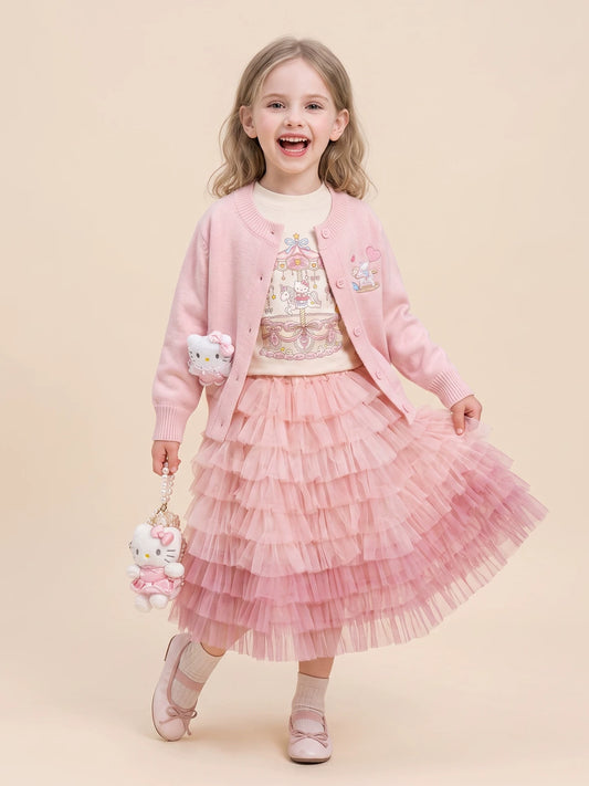 Girls Knit Cardigan, Top & Skirt Set - Cartoon Embroidered Three-Piece