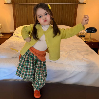 Girls Knit Cardigan, Base Top & Plaid Wide-Leg Pants Set - Retro Autumn 3-Piece