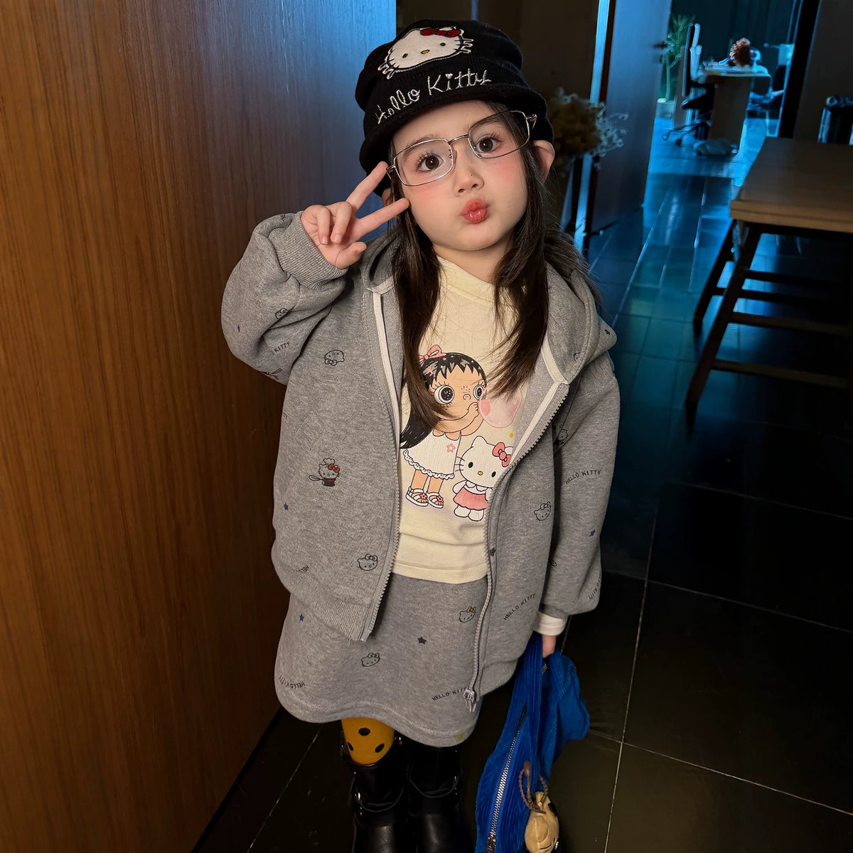 Girls Hooded Zip Cardigan & Skirt Set - Korean Cartoon Autumn
