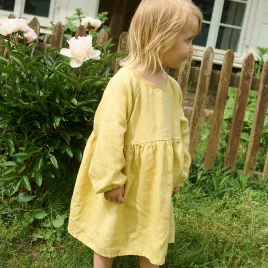 Girls Nordic Linen Dress - Sunny Yellow Long-Sleeve