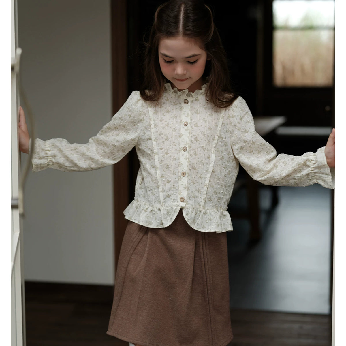 Girls Floral Cotton Top - Wool-Blend Long Sleeve Autumn