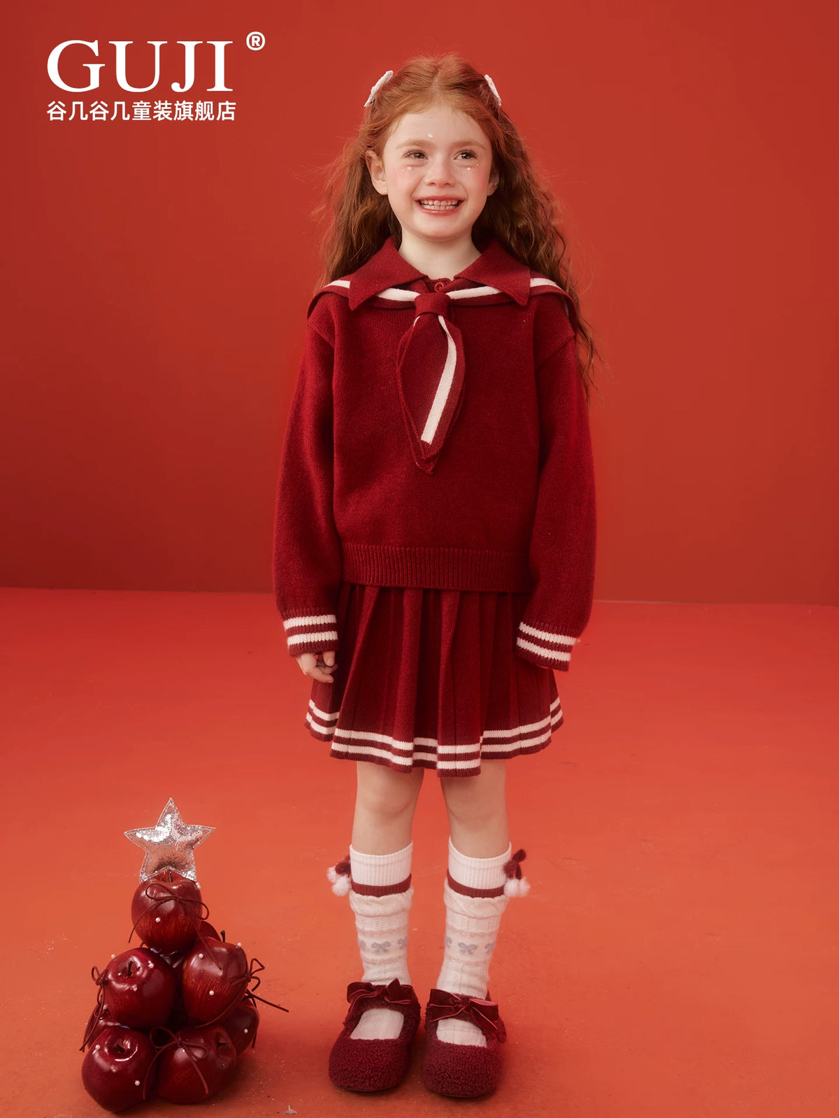 Girls Preppy Sweater & Skirt Set - Red Holiday Knit Two-Piece