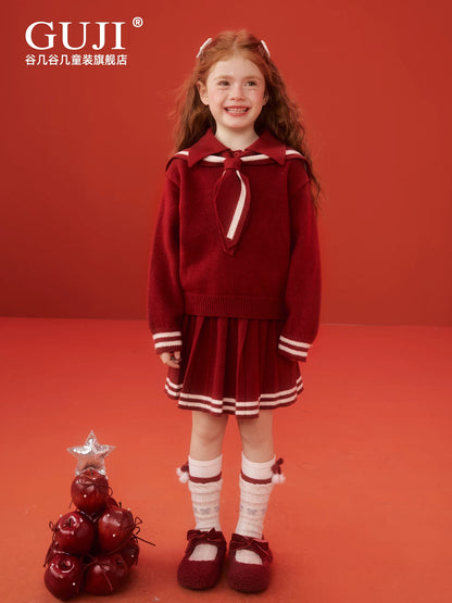 Girls Preppy Sweater & Skirt Set - Red Holiday Knit Two-Piece